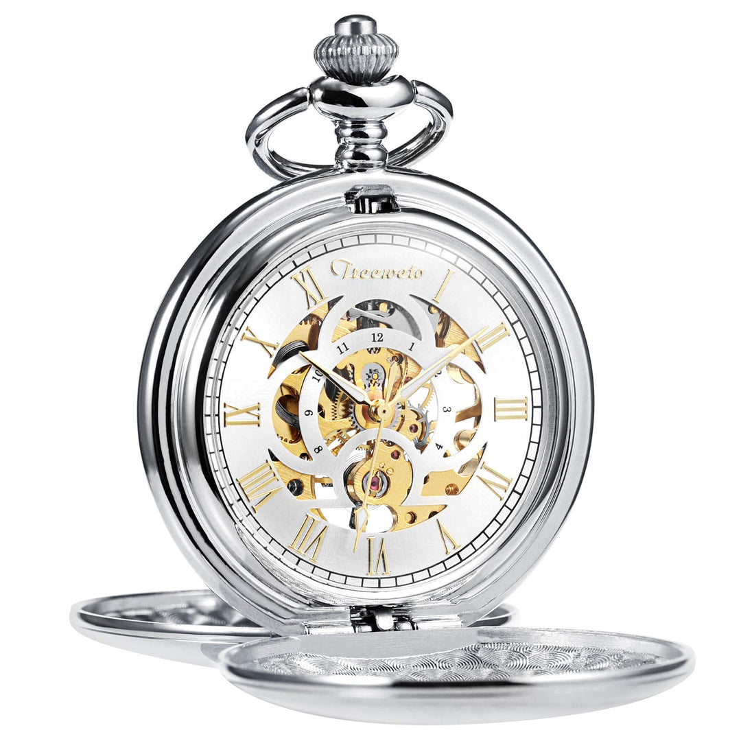 TREEWETO Taschenuhr Unisex Taschenuhr mit Kette Analog Mechanisch Handaufzug Doppelscharnier Antik R