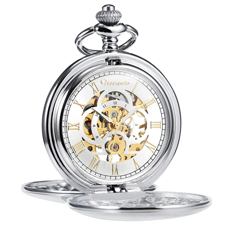 TREEWETO Taschenuhr Unisex Taschenuhr mit Kette Analog Mechanisch Handaufzug Doppelscharnier Antik R