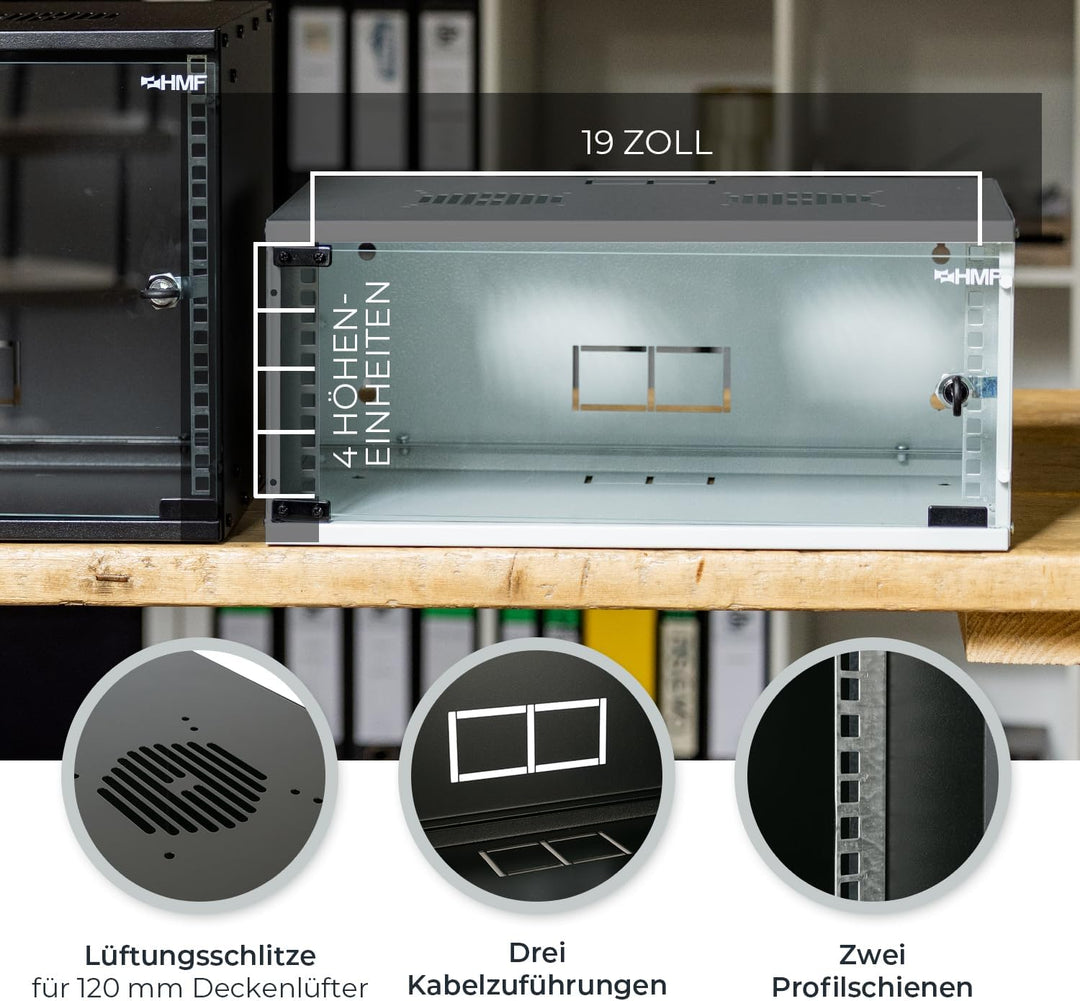 HMF 65704-02 Netzwerkschrank, Serverschrank 19 Zoll | 4 HE | 400 mm Tiefe | Glastür | Schwarz 4 HE S