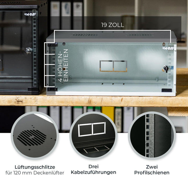 HMF 65704-02 Netzwerkschrank, Serverschrank 19 Zoll | 4 HE | 400 mm Tiefe | Glastür | Schwarz 4 HE S
