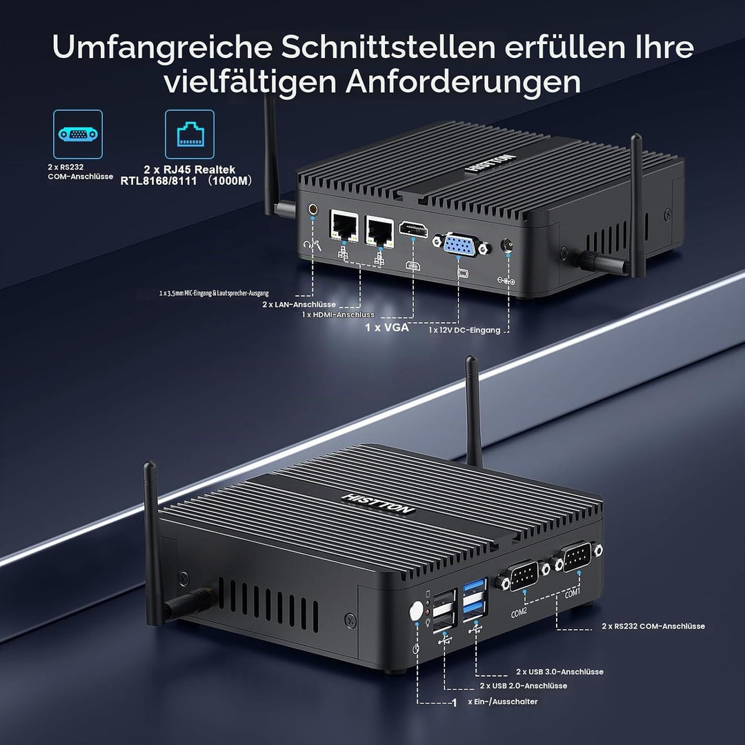 HISTTON N100 Mini PC Lüfterlos, DDR4 8GB RAM 128GB SSD, Industrie PC mit 2 RS232 COM, Dual LAN, WiFi