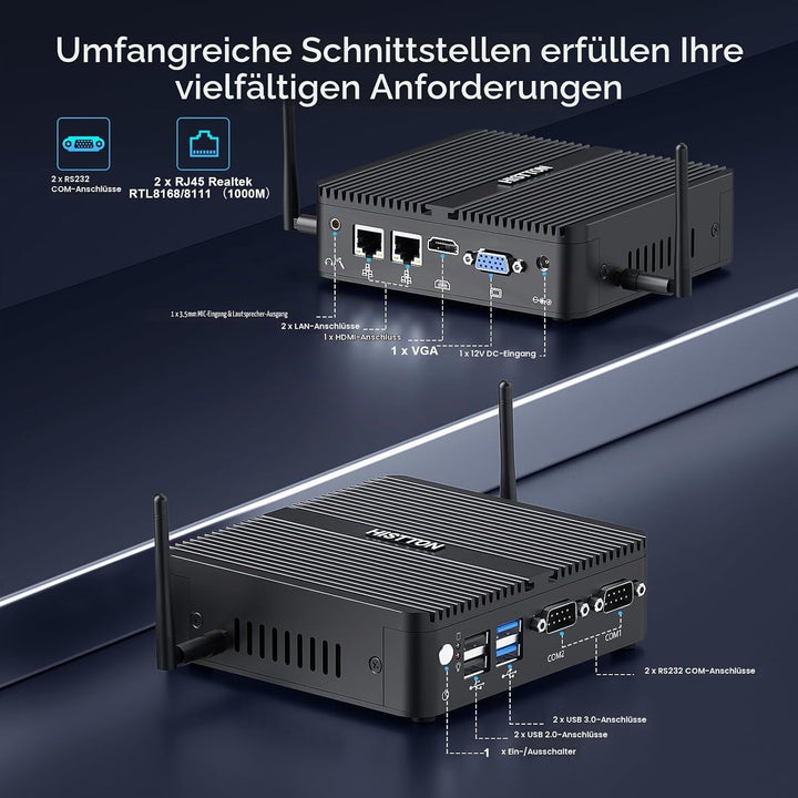 HISTTON N100 Mini PC Lüfterlos, DDR4 8GB RAM 128GB SSD, Industrie PC mit 2 RS232 COM, Dual LAN, WiFi