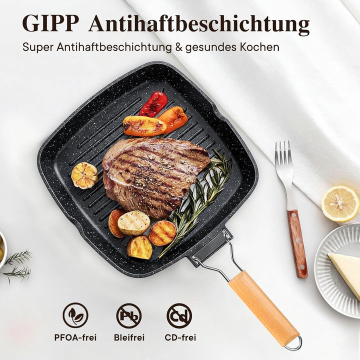 GiPP Poêle Grill avec Poignée Pliable, Granit Non Toxique Antiadhésive Schwarz 28cm, Schwarz 28cm