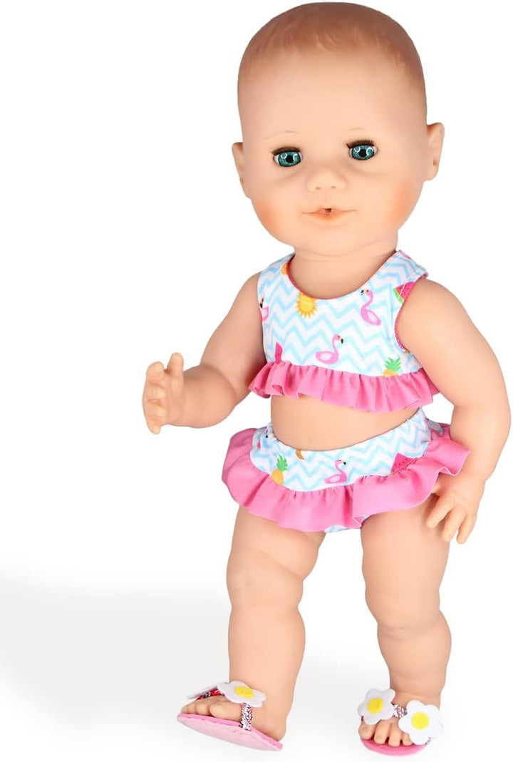 Heless - Schwimm-Set für Puppen 3 teilig Bikini mit Badeschläppchen Flamingo Grösse 35 cm Badespa