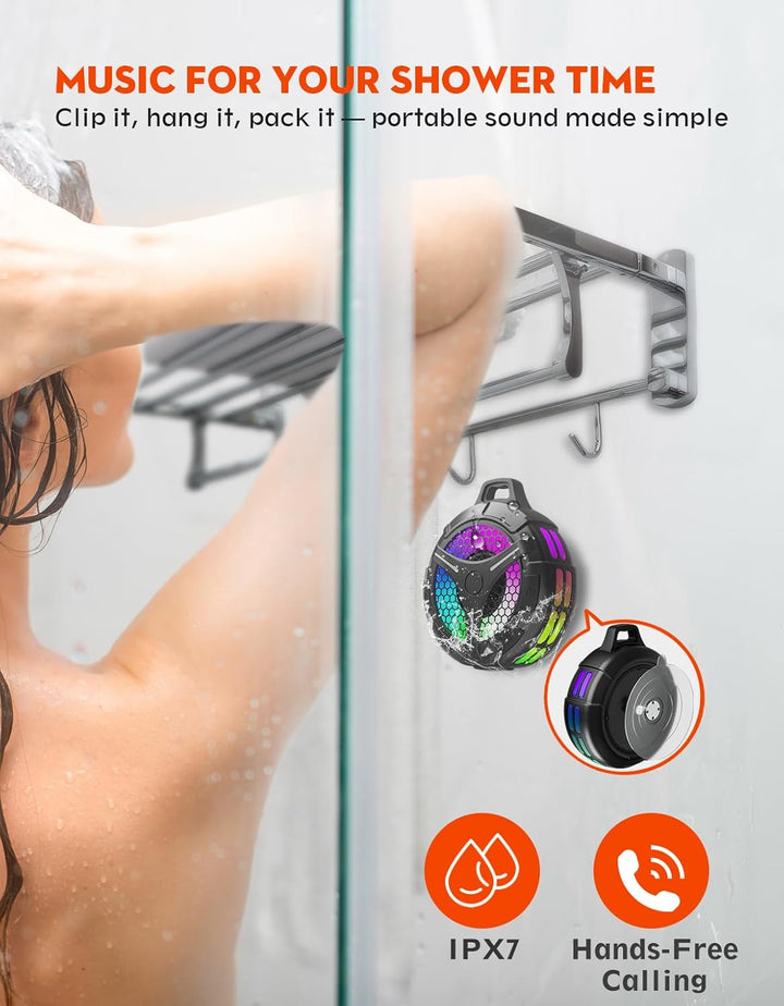 Ortizan Dusche Bluetooth Lautsprecher, Musikbox Bluetooth 5.3 Dusche, IPX7 Wasserdicht 6 RGB Licht 2