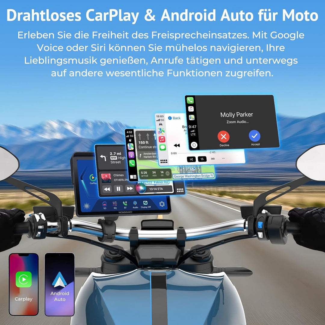 W722 Motorrad Carplay Display,Kabelloses CarPlay Motorrad & Android Auto für Moto,7 Zoll IP67 Wasser