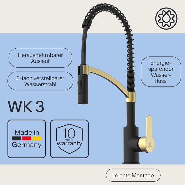 WK3 Küchenarmatur - Design-Wasserhahn Küche - Gold/Schwarz Matt - Herunterziehbare Brause - Armatur