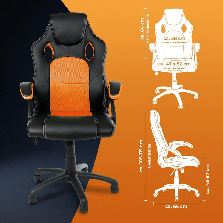 Gamer Stuhl Gaming Schreibtischstuhl Chefsessel Bürostuhl Ergonomisch, Orange, 9 Farbvarianten, gepo