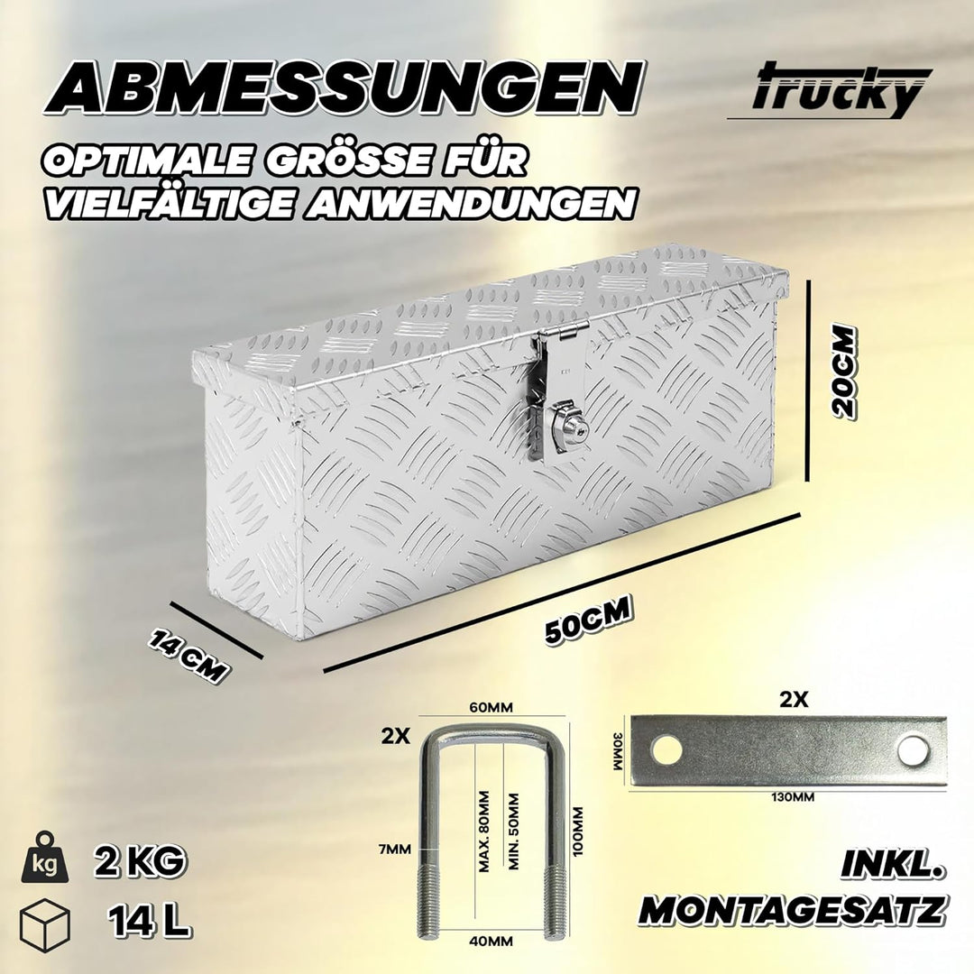 Trucky Truckbox aus Aluminium, Modell D015, 50x14x20cm, Abschliessbar, Robustes Riffelblech, inklusi