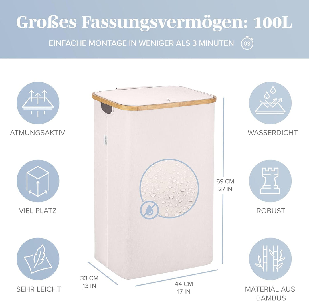 LONBET Wäschekorb mit Deckel 100L Gross - Stilvoller Wäschesammler Atmungsaktiv mit Stabilem Bambus-