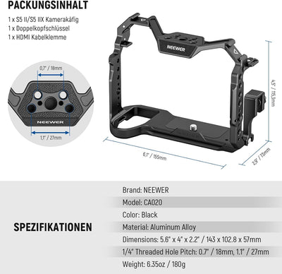 NEEWER S5 II Cage S5 IIX Cage,S5 II S5 IIX Käfig mit HDMI Kabelklemme,NATO Schiene,Arca QR Basis,3/8