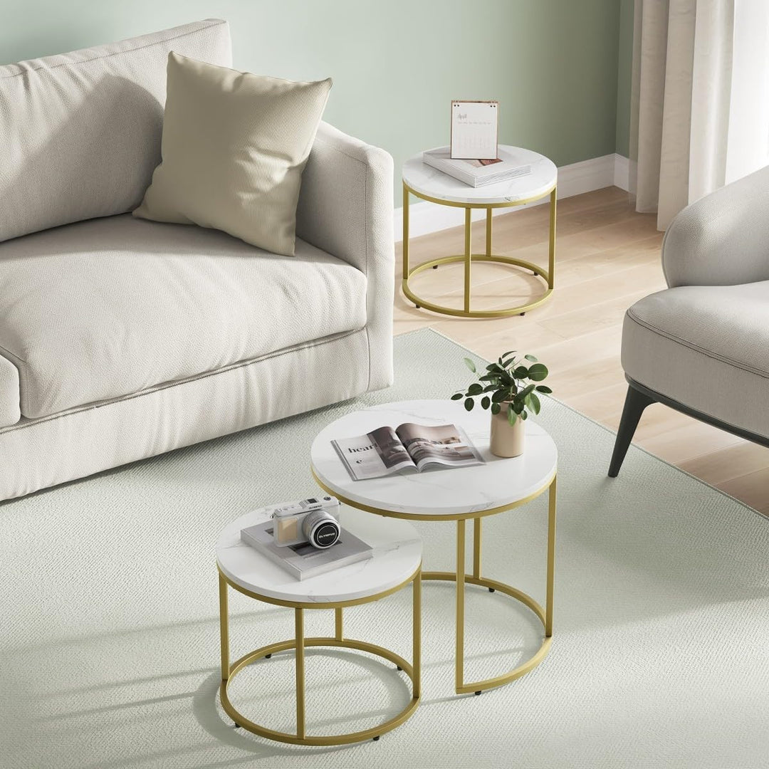 NMK HOME Couchtisch Holz Rund 2er Set 43/53 cm - Runder Couch Tisch - Industrielle Satztische Marmor