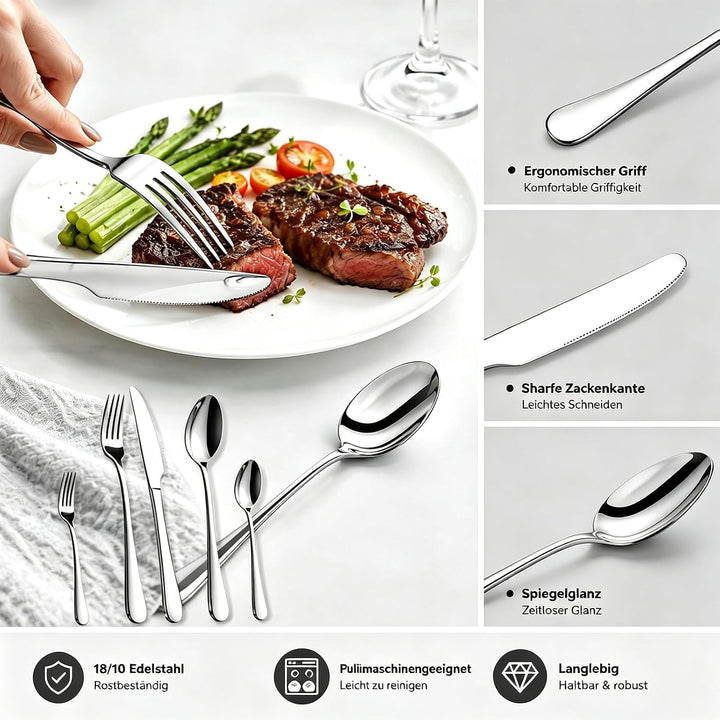 Besteck Set 4 Personen, 20-Teilig, 18/10 Edelstahl, Silber | Teardrop Design, Modern Poliert, Spülma