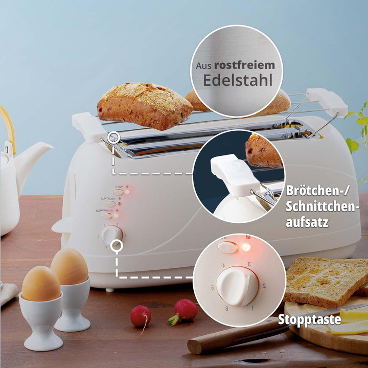 KHG Toaster TO-1300VSW | Toaster Langschlitz 4 Scheiben mit Brötchenaufsatz | 6 Bräunungsstufen mit