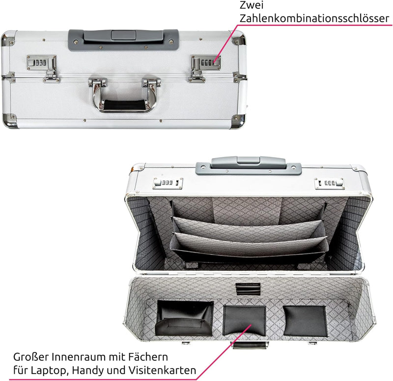 tectake 401232 XL Pilotenkoffer, Zwei Zahlenkombinationsschlösser, mit Rollen, Totalmasse 55x49x22cm