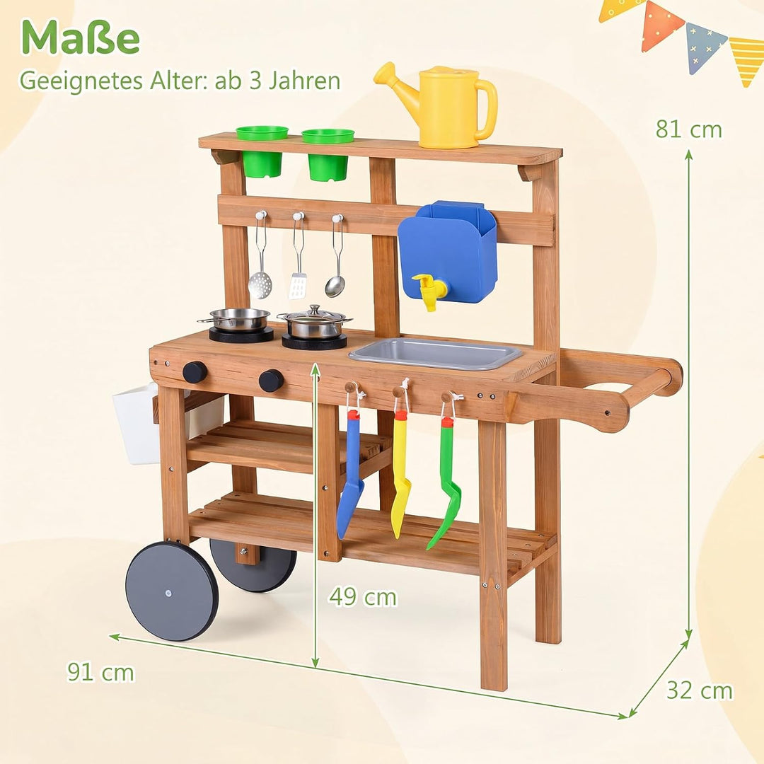 COSTWAY Matschküche Kinder Outdoor, Spielküche mit Wassertank &amp; Wasserhahn | Kinderküche mit Rädern,