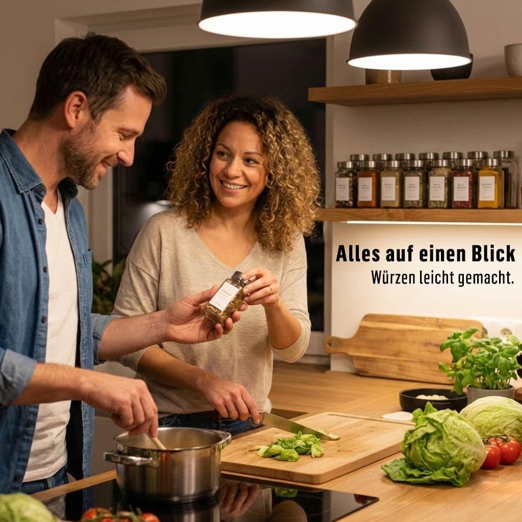 Deco haus® Gewürzgläser eckig luftdicht 12er Set [inkl. Etiketten & Streueinsatz] - Gewürzdosen Set