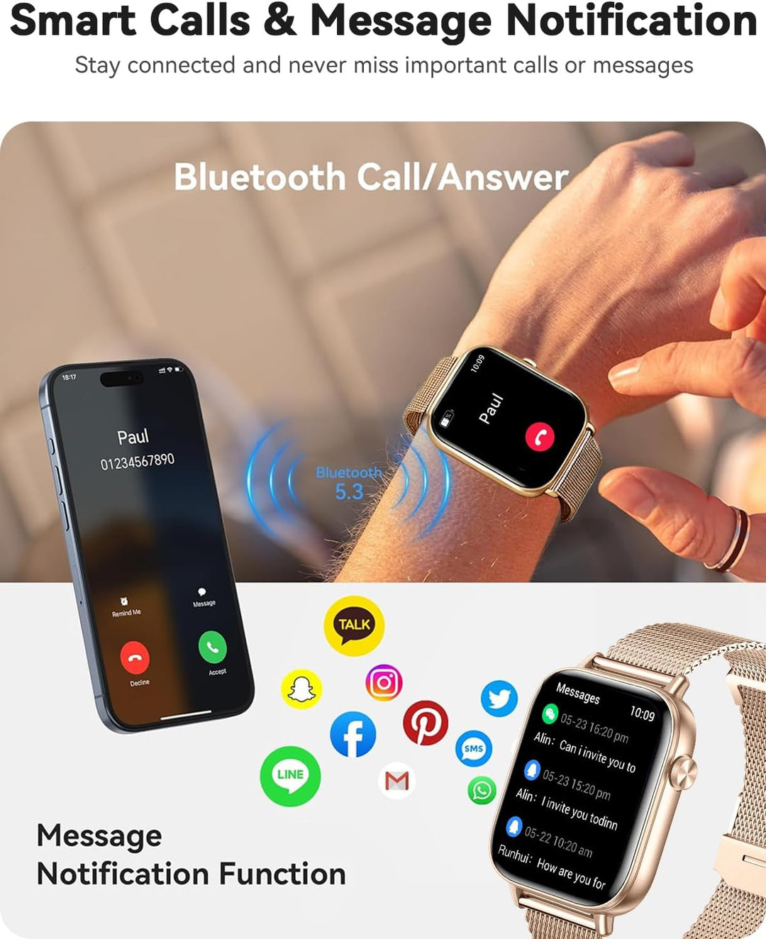 Smartwatch Damen, 1.83 Zoll HD-Display Smart Watch mit Telefonfunktion, 100+ Sportmodi Fitness Track