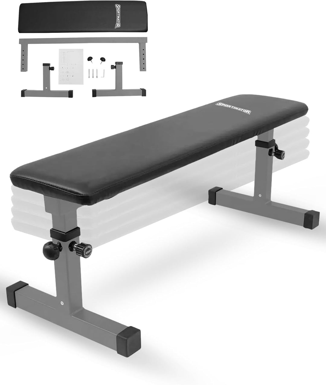 SPORTINATOR® höhenverstellbare Flachbank mit abwischbarem Kunstlederbezug und drei Halterungen. Für