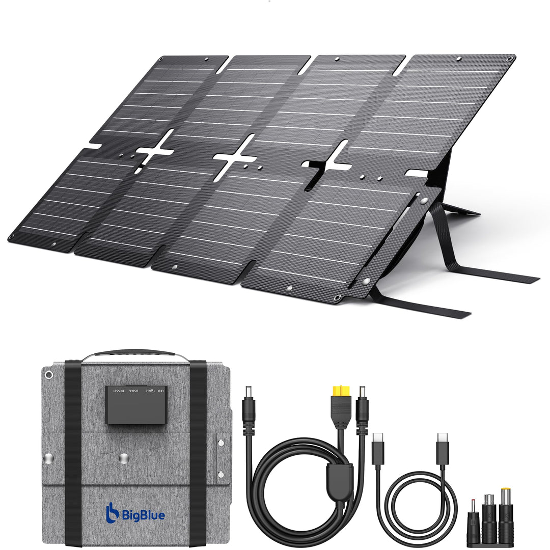 BigBlue 60W Faltbares Solarladegerät, Tragbares ETFE-Solarpanel QC3.0+PD45W+22,2V DC-Ausgang【IP68 Wa