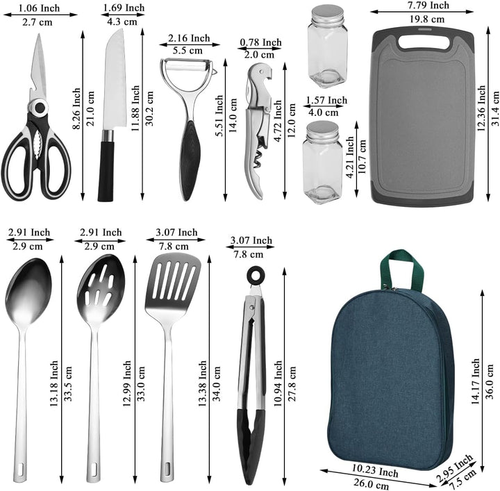Evanda Camping Kochgeräte Set 10 Stück, Edelstahl Outdoor Kochen und Grillen Utensil Organizer Trave