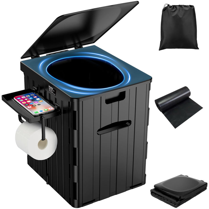 WADEO Tragbare Campingtoilette mit Deckel, 39 cm hohe Mobile Toilette mit 12 Stück Toilettenbeutel,
