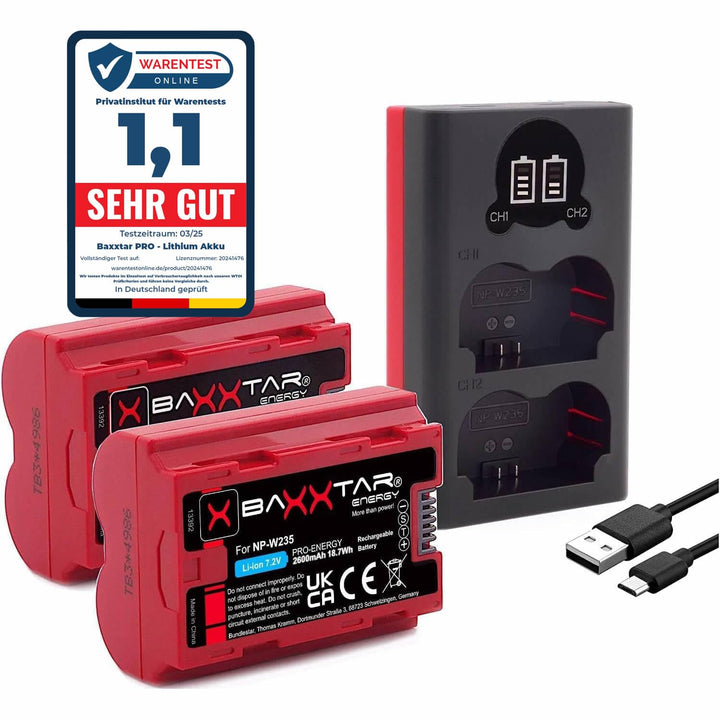 Baxxtar NP-W235 2400mAh Kamera-Akku Pack mit aktivem NTC-Sensor - mit Ladegerät Mini 18882 USB Dual
