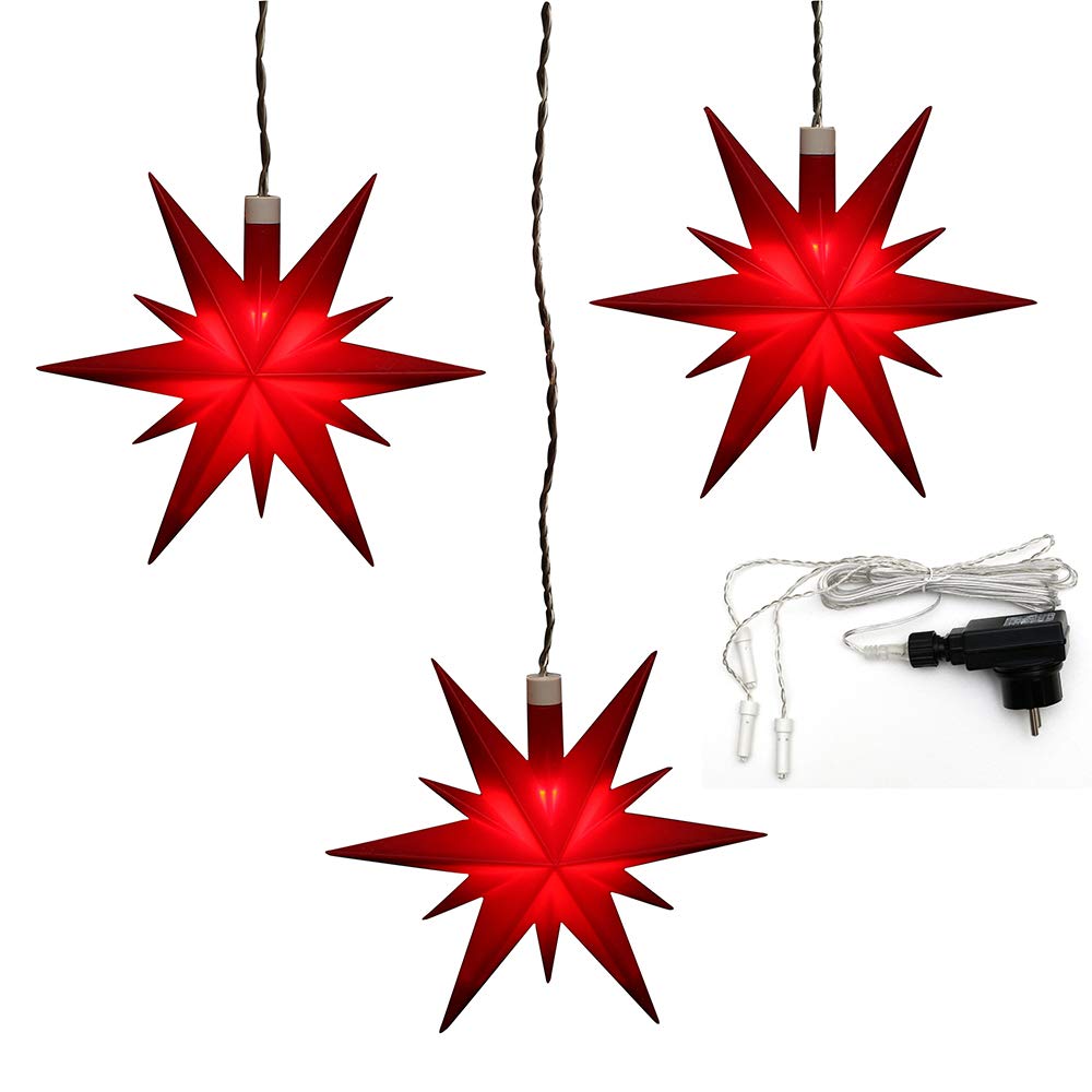 Dekohelden24 3er Set Weihnachtssterne aus Kunststoff in rot, inkl. LED Beleuchtung und Adapter, für