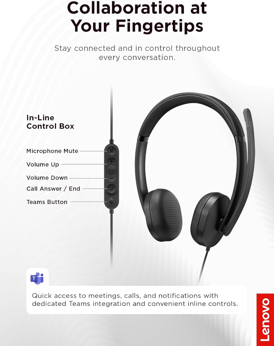 Lenovo 5000 - Headset - On-Ear - kabelgebunden - USB-C - Schwarz - Zertifiziert für Microsoft Teams