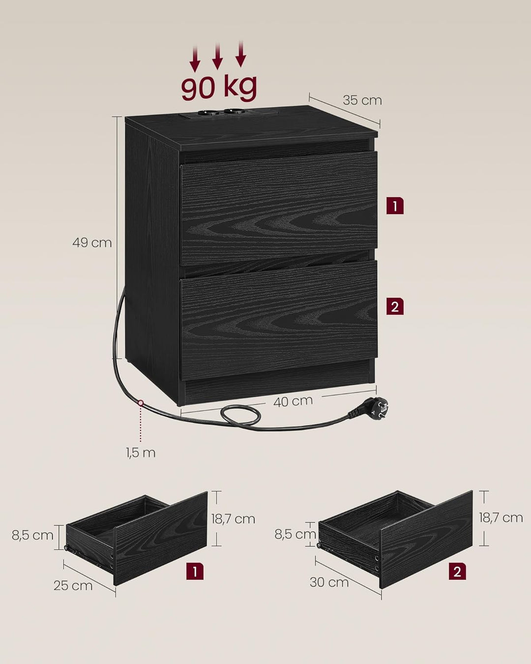 VASAGLE Kailyn Collection – 2er-Set Nachttisch mit Steckdosenleiste, Beistelltisch, 2 Schubladen, 2