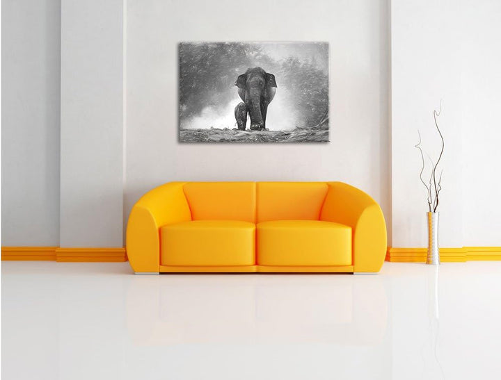 Pixxprint Elefanten Baby Mama / 100x70cm Leinwandbild bespannt auf Holzrahmen/Wandbild Kunstdruck De