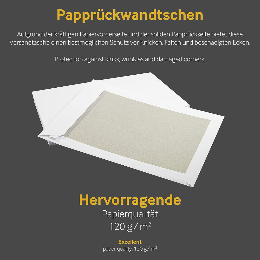 Papprückwandtaschen, Versandtaschen, C4, 229 x 324 mm, weiss, 100 Stück, ohne Fenster, Haftklebung m