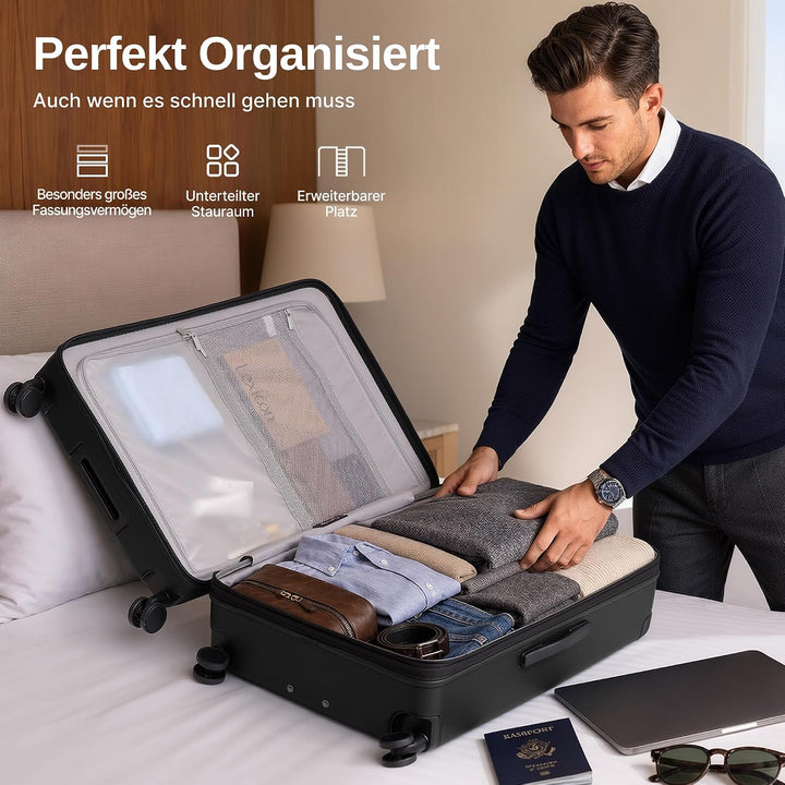 COOLIFE Koffer Gross, Leichter Reisekoffer Gross aus PC,105L–115L Erweiterbar Graphit Schwarz XL, Gr
