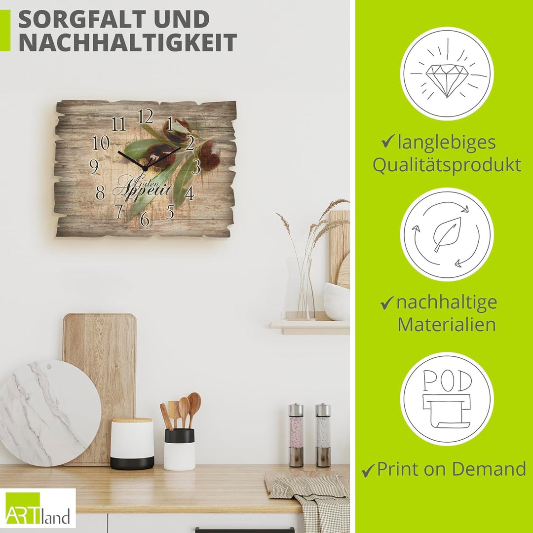 ARTLAND Wanduhr ohne Tickgeräusche aus Holz Quarzuhr 40x30 cm Rechteckig Lautlos Guten Appetit Essen