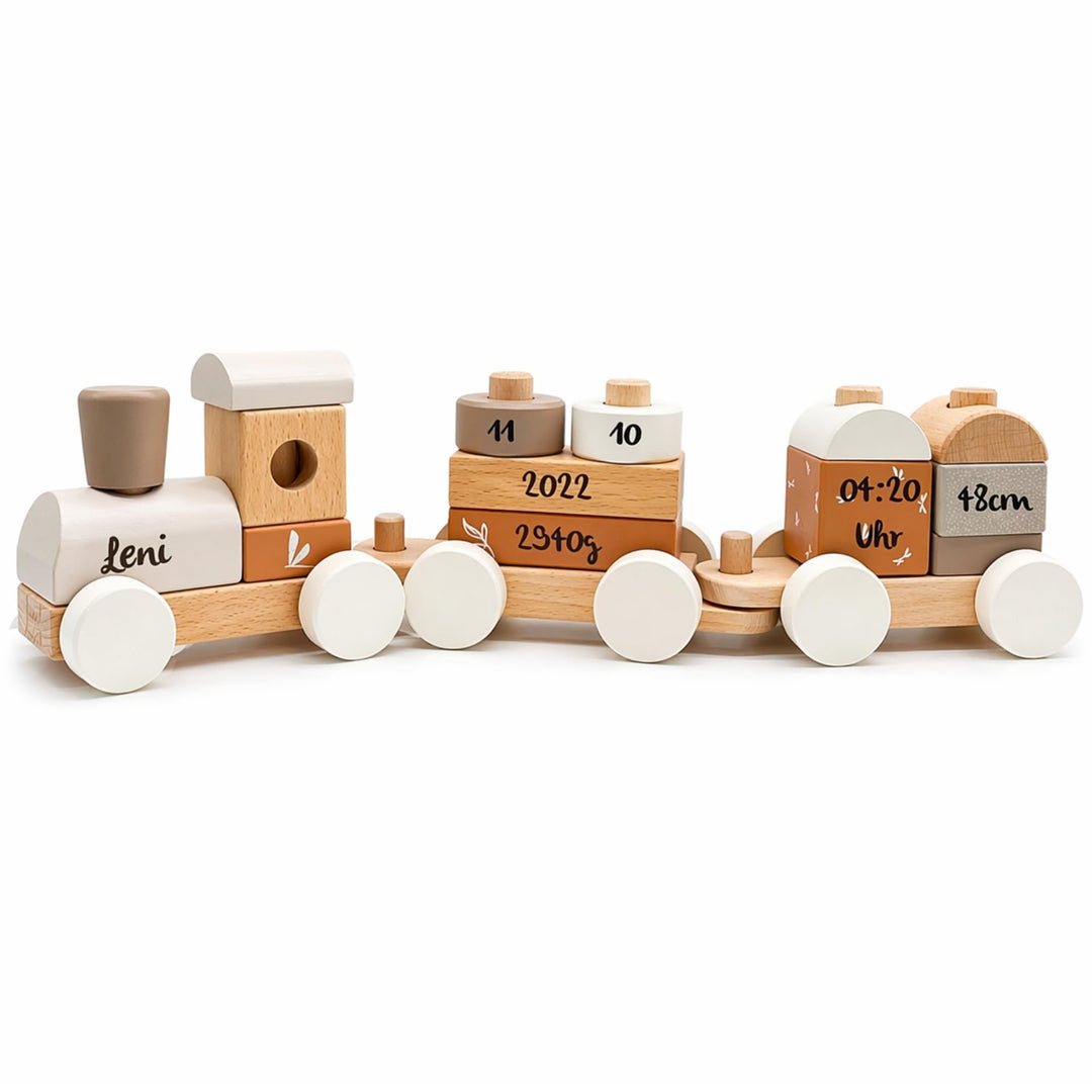 Personalisierte Holzeisenbahn Nougat – Personalisierte Geschenke Baby I Steckspielzeug I Geschenk zu
