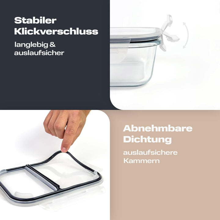 Eaze Life 3er-Set Meal Prep Box inkl. Deckel | Glas Frischhaltedosen | 2-fach mit Trennwand | luftdi