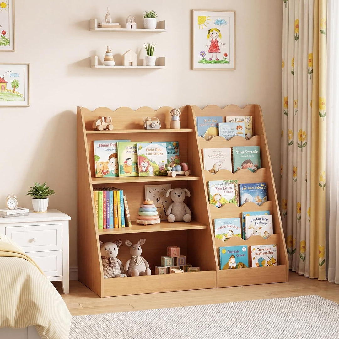 COSTWAY Kinder Bücherregal aus Holz, 5 stufiges Kinderregal mit 4 offenen Ablagen & versteckem Ablag