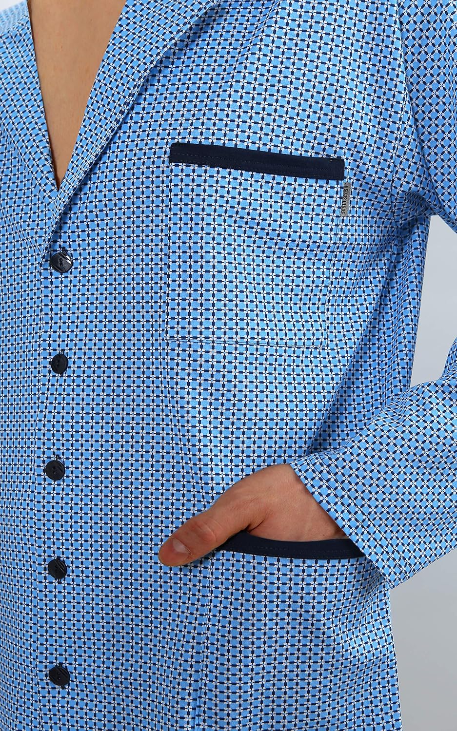 sesto senso Herren Pyjama mit Knopfleiste Lang Baumwolle Schlafanzug Knöpfen L T-shirt - Muster Blau
