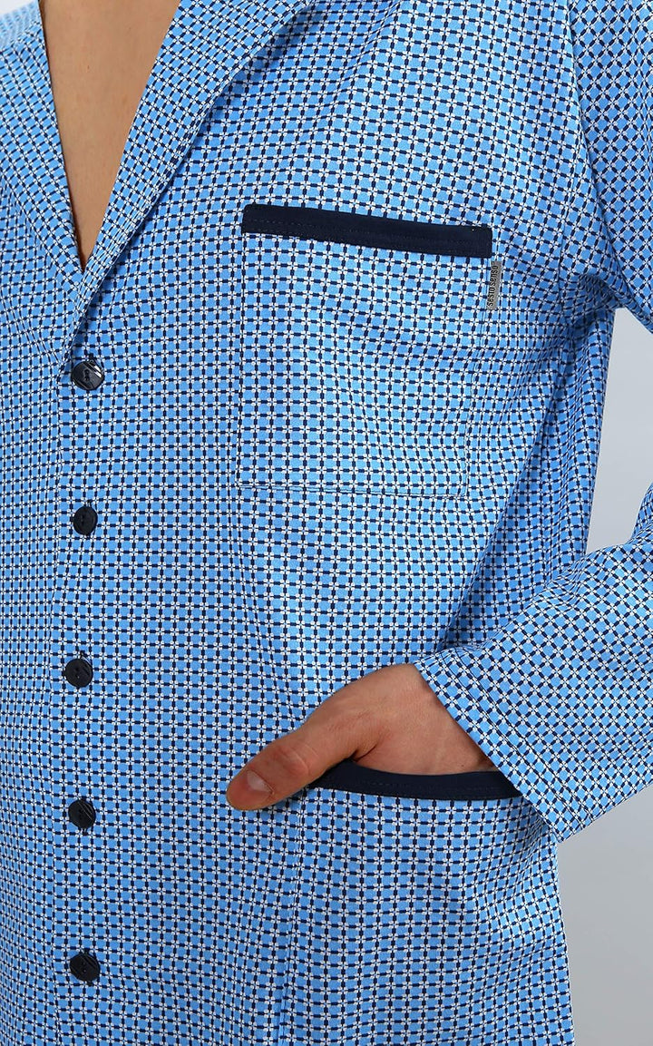 sesto senso Herren Pyjama mit Knopfleiste Lang Baumwolle Schlafanzug Knöpfen L T-shirt - Muster Blau