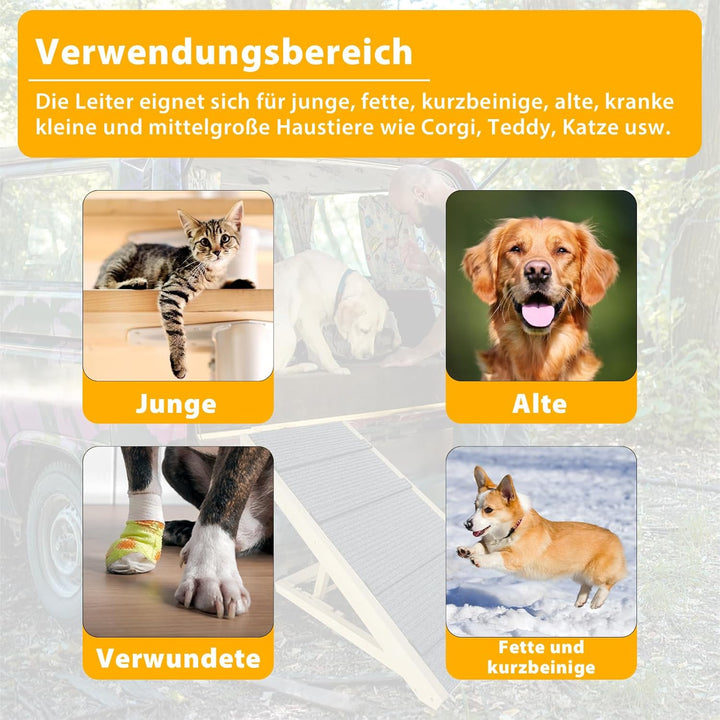 HENGMEI Hundetreppe, Holz Hunderampe, Klappbar Katzentreppe, rutschfeste Katzenleiter, Haustiertrepp