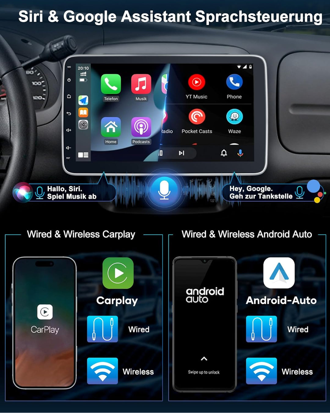 Autoradio mit Bildschirm Single DIN Auto Radio mit Navi Bluetooth Wireless CarPlay Android Auto DAB