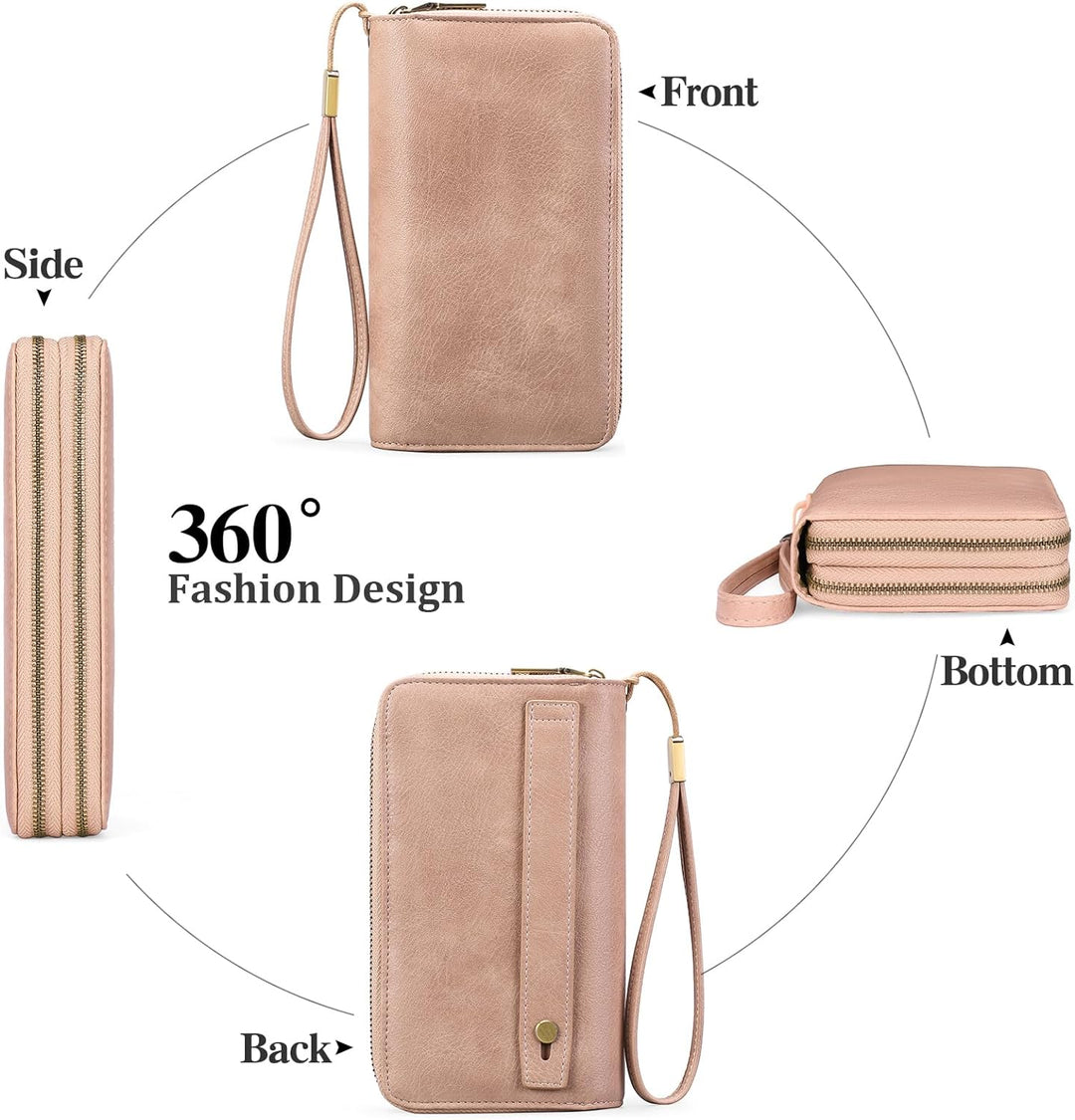 GAEKEAO Geldbörse Damen Gross, Portemonnaie Damen Veganes Leder Doppel Reissverschluss Kreditkartene