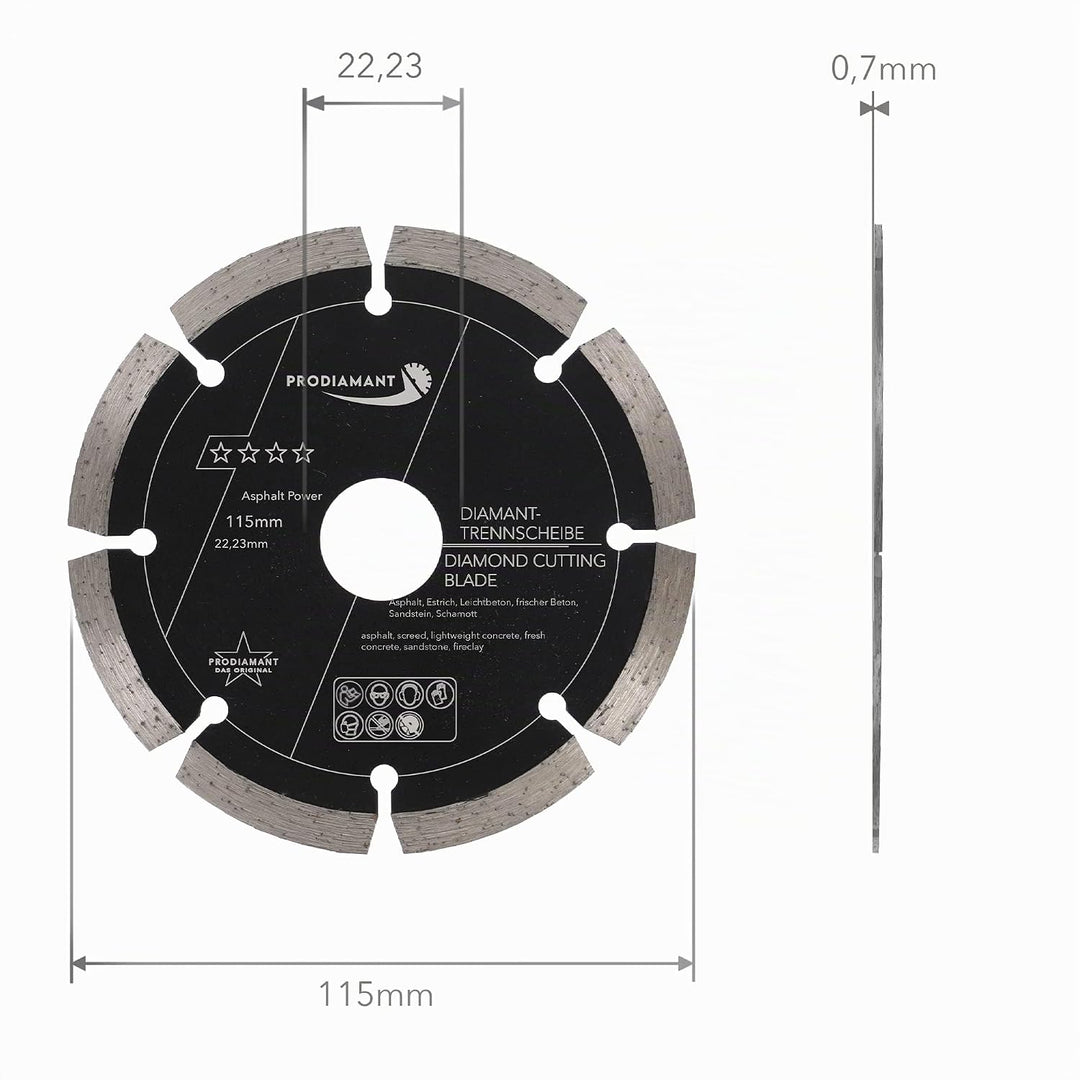 PRODIAMANT Diamantscheibe 115 mm x 22,2 mm Abrasiv für Strassen, Asphalt, Estrich, Leichtbeton, fris