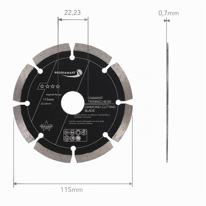 PRODIAMANT Diamantscheibe 115 mm x 22,2 mm Abrasiv für Strassen, Asphalt, Estrich, Leichtbeton, fris