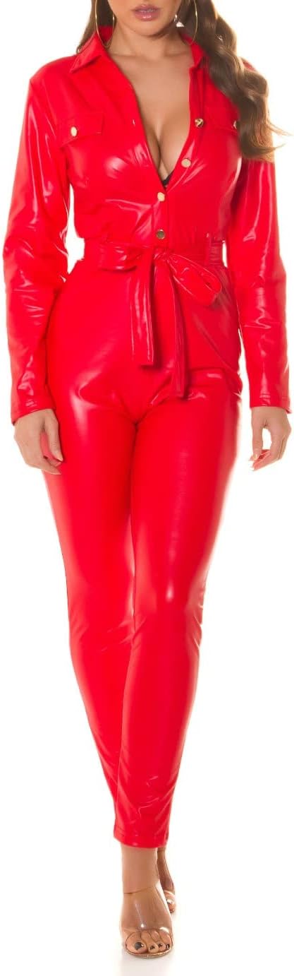 Koucla Leder Look Langarm Maxi Jumpsuit mit Gürtel M Rot, M Rot