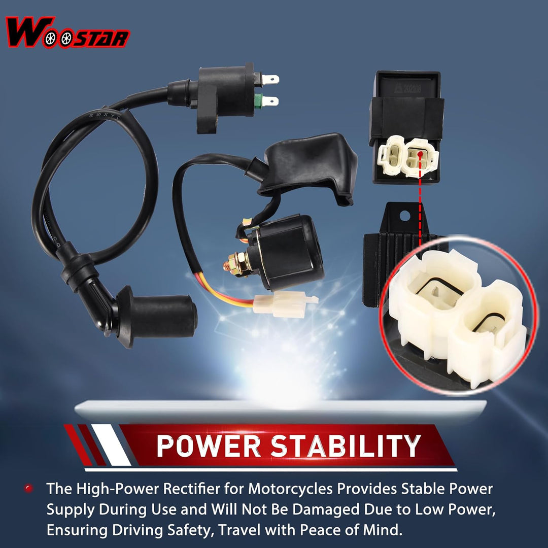 WOOSTAR CDI Box Zündspule Starterrelais Spannungsregler Ersatz für GY6 50ccm 125ccm 150ccm ATV Rolle