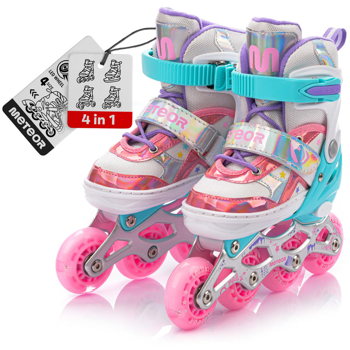 meteor verstellbare 4‑in‑1 Kinder Inline-Skates – Rollschuhe Inliner Schlittschuhe – ABEC‑7 PU‑Räder