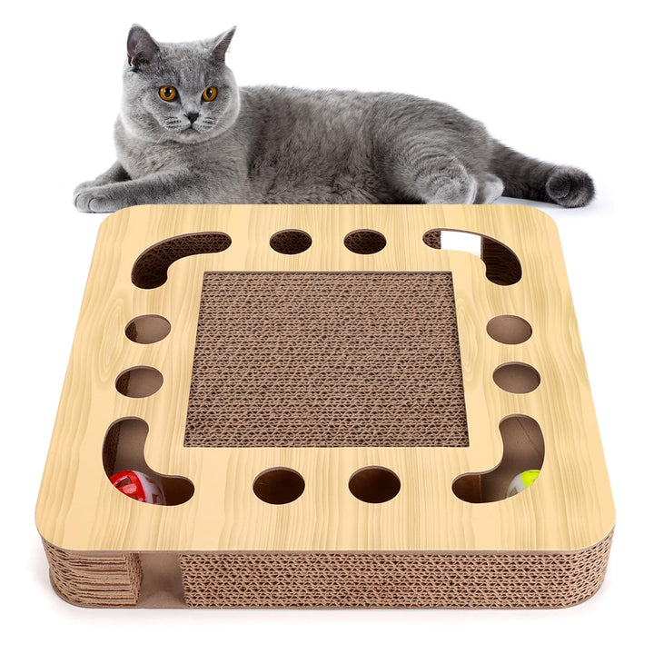 Nobleza Katzen kratzbrett mit Minze，Katzenspielzeug Interaktives mit 2 Klingelballs，3 in 1 Wellpappe