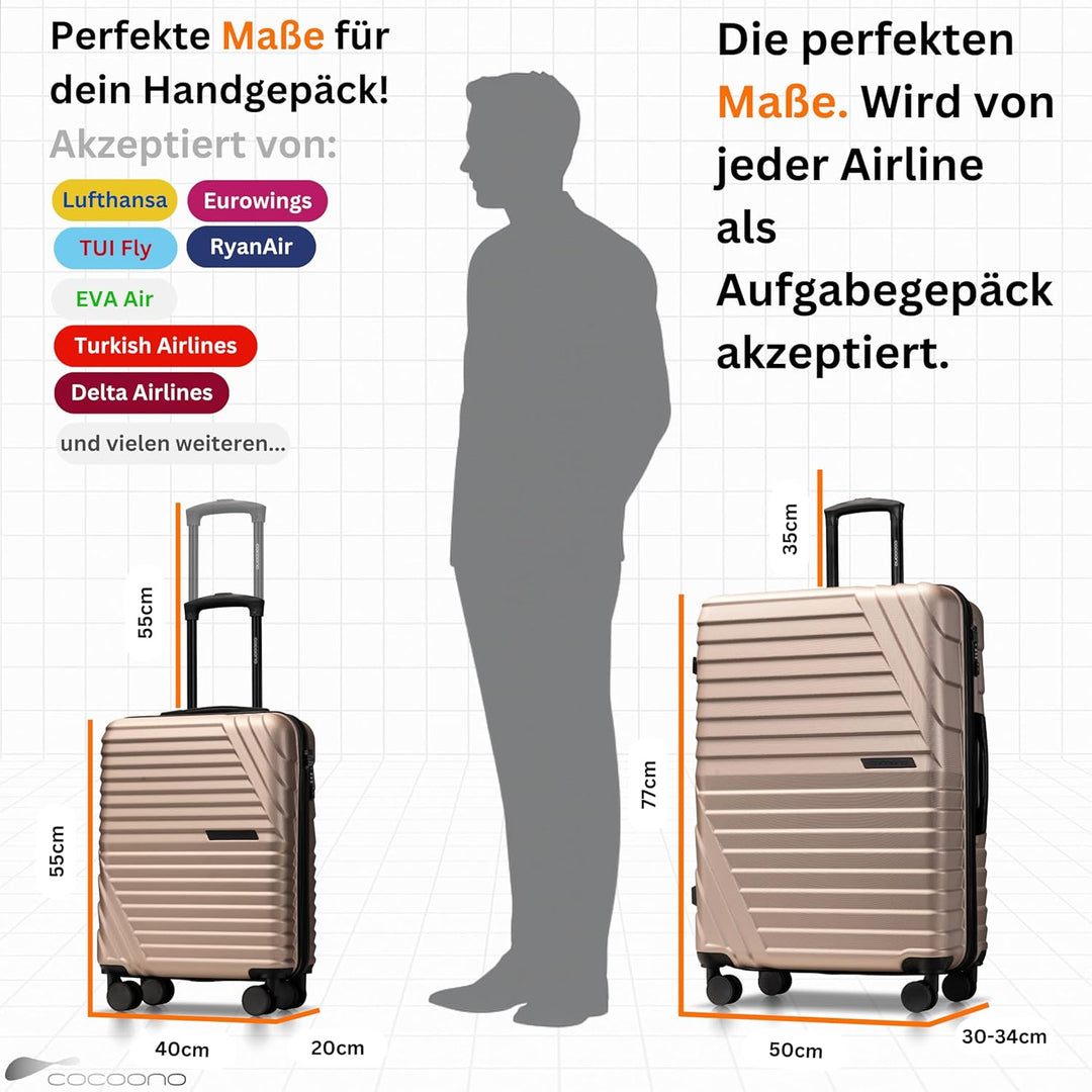 Cocoono Koffer Set 2 Teilig 77cm & Handgepäck Koffer 55x40x20cm in einem Set, Sehr robuste Reisekoff