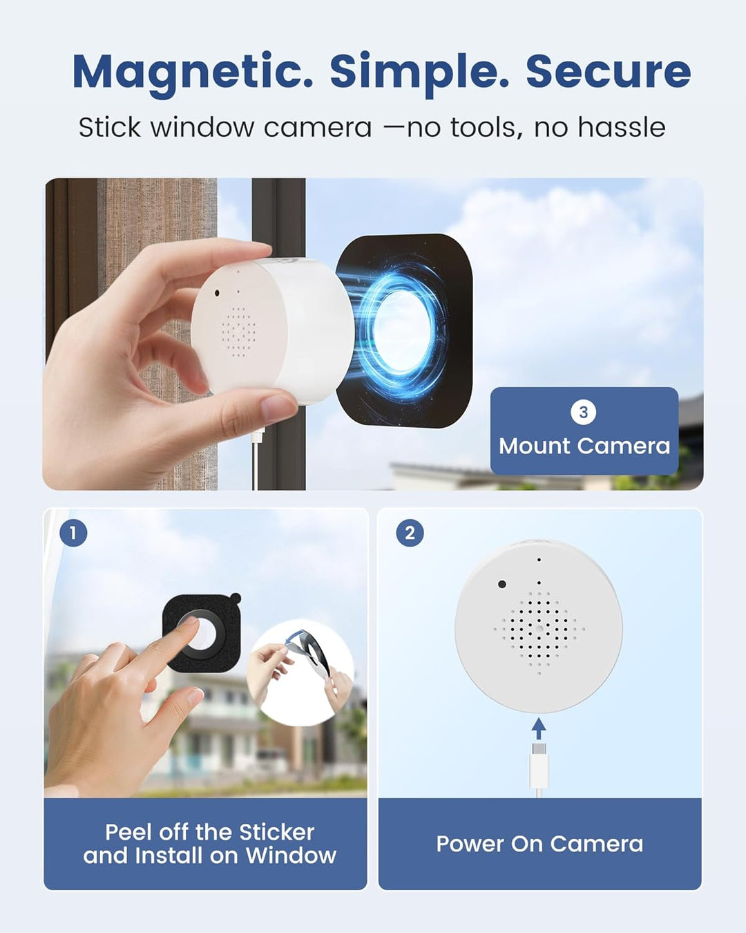 2K 3MP Fenster Überwachungskamera Innen, WLAN Fensterkamera mit Farb-Nachtsicht, Blendschutz & Antir